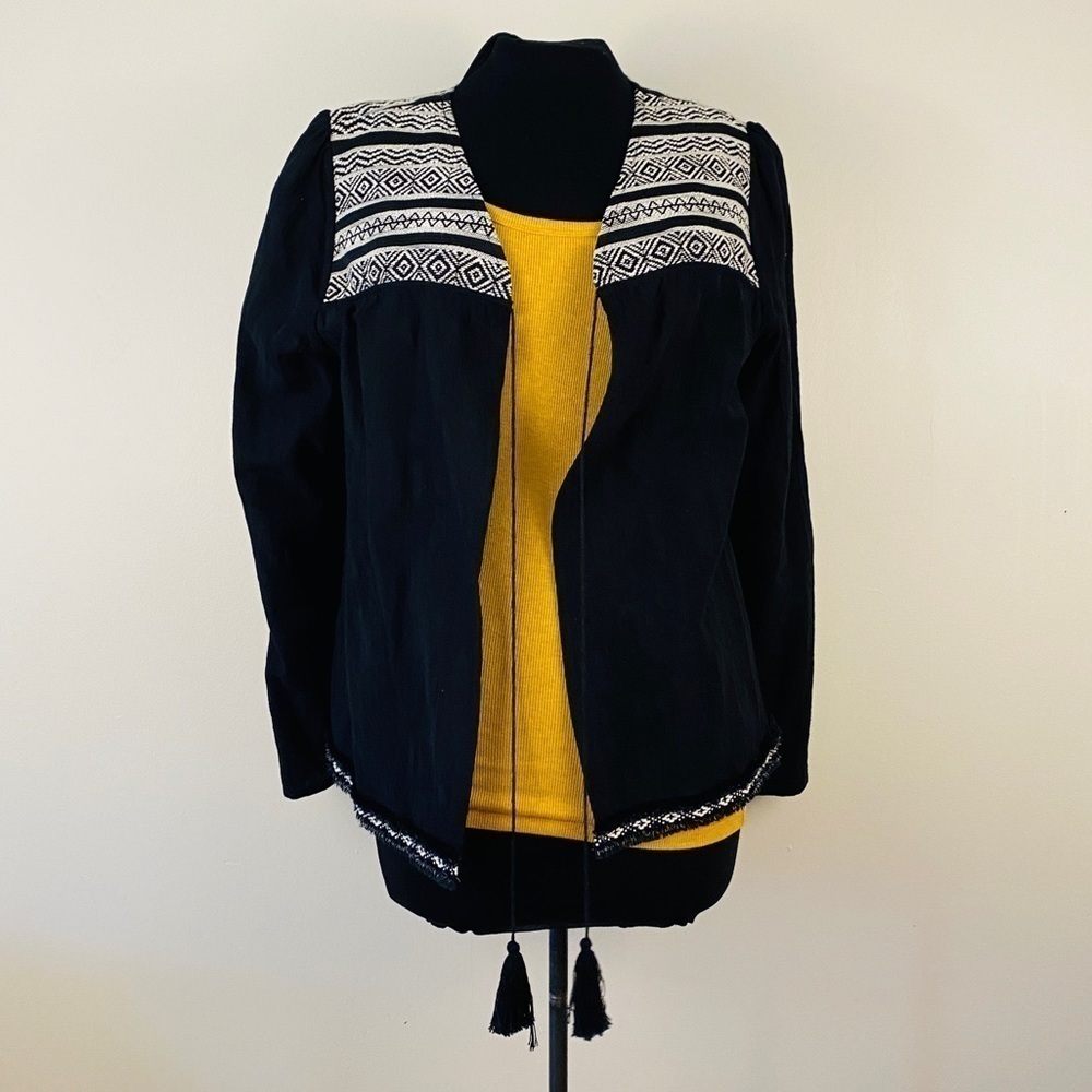 TRIBAL linen jacket embroidered black and white bohemian tassels textured large